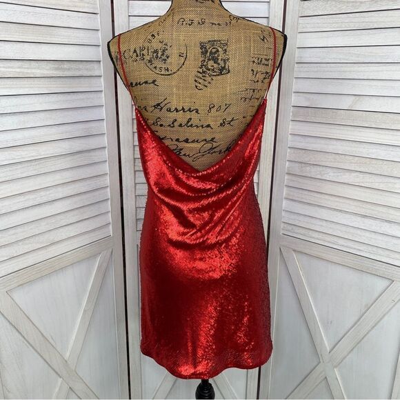 Zara Sequin Cowl Back Cocktail Mini Slip Dress Red Small - Picture 7 of 13